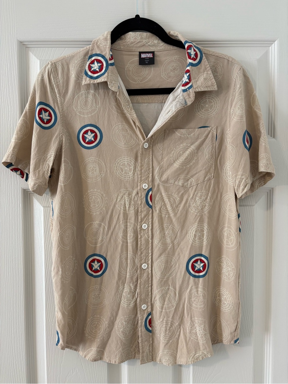 Marvel Shirt Boys Kids 18/20(2X) Beige Captain America Button Up Avengers Comic